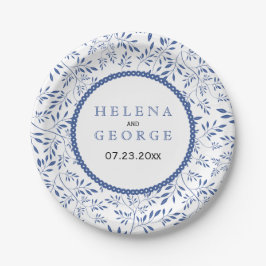 Indigoblaue Blätter Muster Moderne Blumenhochzeit Pappteller