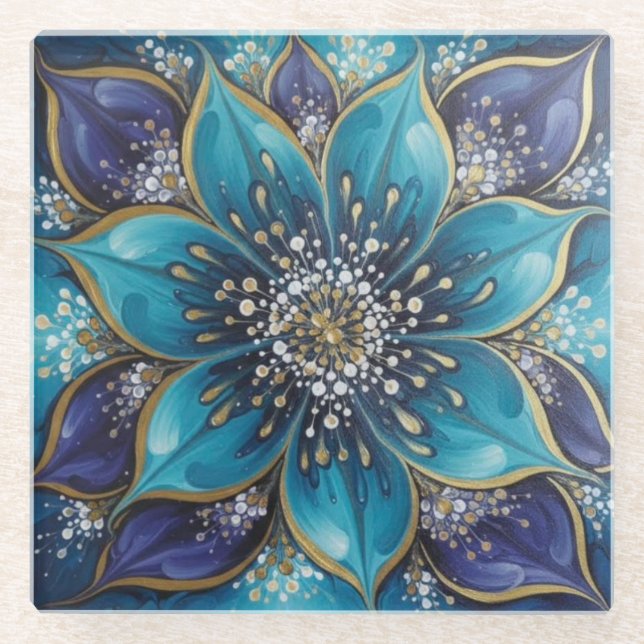 IndigoTealFloralMandala  Glasuntersetzer (Vorderseite)