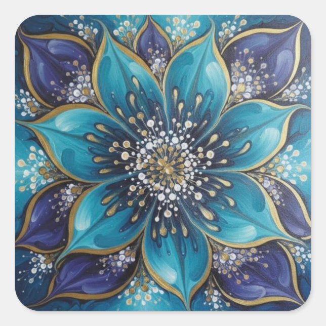 IndigoTealFloralMandala  Quadratischer Aufkleber (Vorderseite)