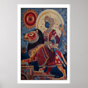 Indio-Krieger-Druck Mosaik-Löwenreiter - Blau Poster