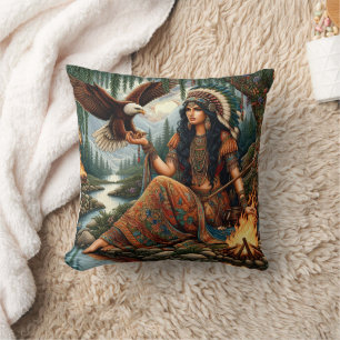Indische Amerikanerin mit dem Adler am Fluss Kissen