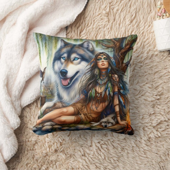 Indische Amerikanerin mit Wolf am Fluss Kissen (Decke)