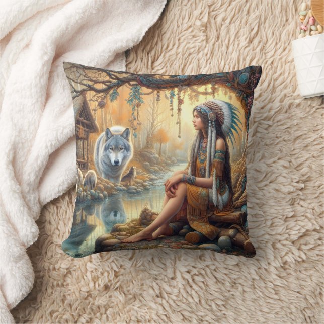 Indische Amerikanerin sitzt mit einem Wolf durch W Kissen (Decke)