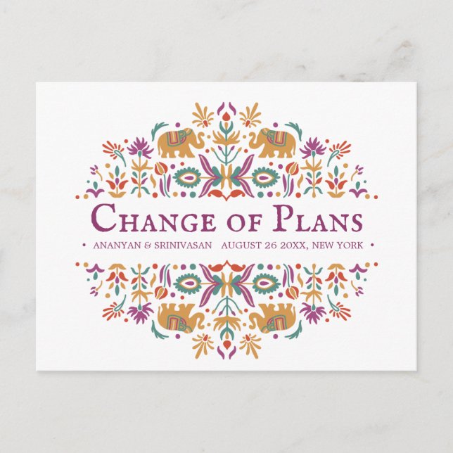 Indische Blume Elephant Wedding CHANGE OF PLANS Ankündigungspostkarte (Vorderseite)