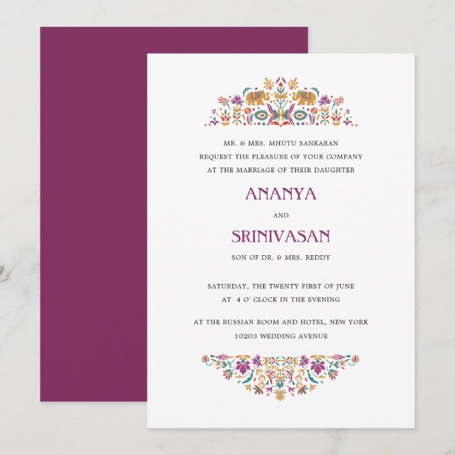 Indische Blume Lila Elephant Formal Wedding Einladung (Vorne/Hinten)