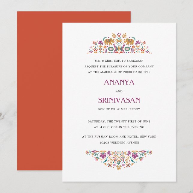 Indische Blume Orange Elephant Feierliche Hochzeit Einladung (Vorne/Hinten)