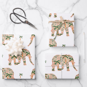 Indische Blumen-Paisley-Ornament-Elefanten Geschenkpapier Set