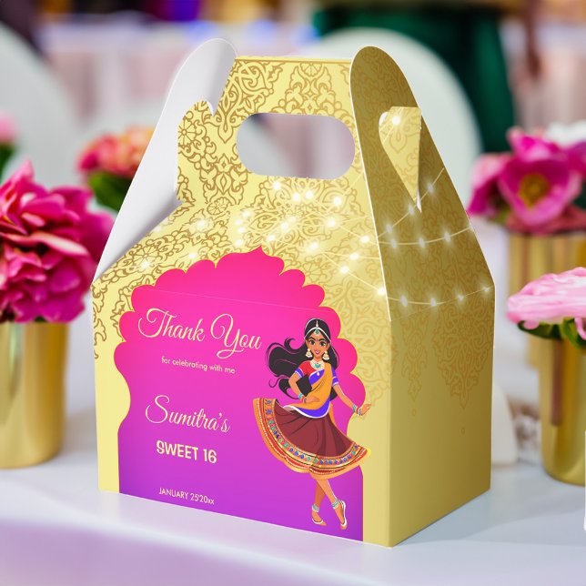 Indische Bollywood-Mädchen Geburtstagsgeschenk Geschenkschachtel (Indian Bollywood girls birthday party template Favor Box gold and pink cute cartoon caricature)