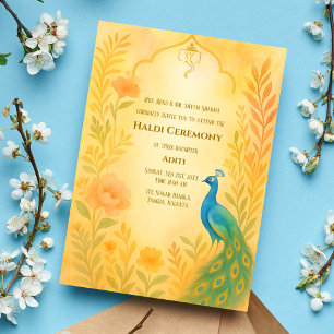 Indische Braut Haldi Zeremonie Pfau Floral Einladung