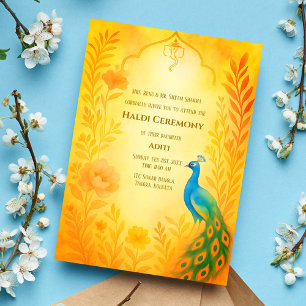 Indische Braut Haldi-Zeremonie Pfau Floral Einladung