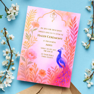 Indische Braut Haldi Zeremonie Pfau Floral Einladung