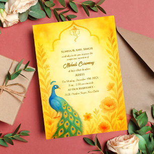 Indische Braut Mehndi-Zeremonie Pfau Floral Einladung
