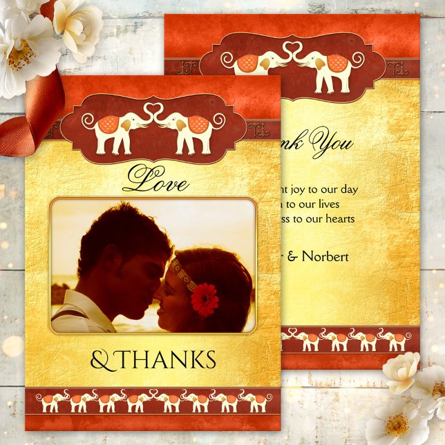 Indische Elefanten Foto Danke Karte (Wedding Thank You card featuring your own photo framed by a unique design with ivory elephants)