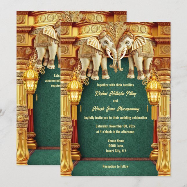 Indische Elefanten goldgrüne Laternen luxuriös Einladung (Vorne/Hinten)