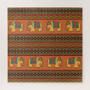 Indische Elefanten, Orange Traditional Seamless.