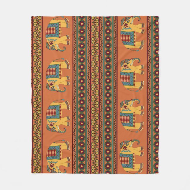 Indische Elefanten, Orange Traditional Seamless. Fleecedecke (Vorderseite)