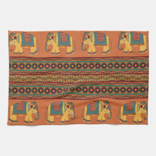 Indische Elefanten, Orange Traditional Seamless. Geschirrtuch