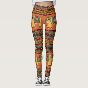 Indische Elefanten, Orange Traditional Seamless. Leggings