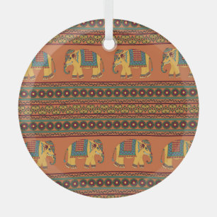 Indische Elefanten, Orange Traditional Seamless. Ornament Aus Glas