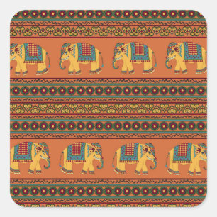 Indische Elefanten, Orange Traditional Seamless. Quadratischer Aufkleber