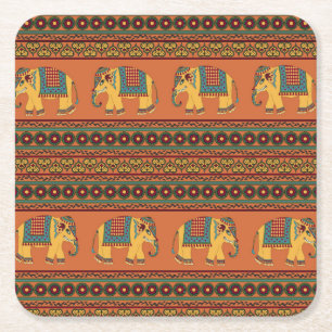 Indische Elefanten, Orange Traditional Seamless. Rechteckiger Pappuntersetzer