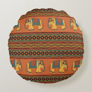 Indische Elefanten, Orange Traditional Seamless. Rundes Kissen