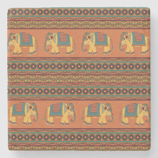 Indische Elefanten, Orange Traditional Seamless. Steinuntersetzer