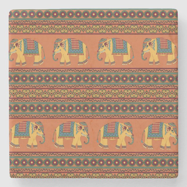 Indische Elefanten, Orange Traditional Seamless. Steinuntersetzer (Vorderseite)