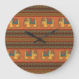 Indische Elefanten, Orange Traditionelles Nahtlose Große Wanduhr