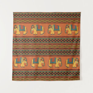 Indische Elefanten, Orange Traditionelles Nahtlose Wandteppich