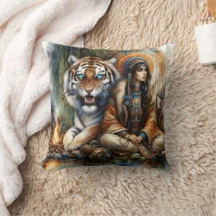 Indische Frau am Fluss Tiger Kissen