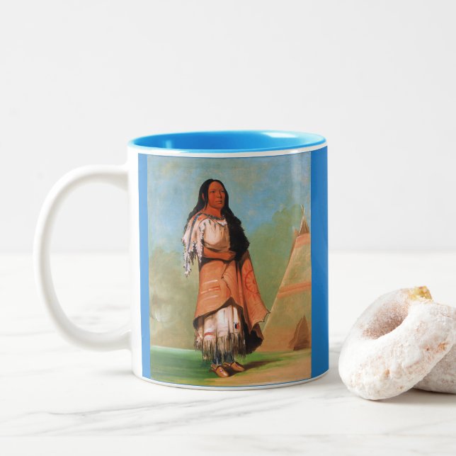 Indische Frau aus dem Blackfoot-Stamm, George Catl Zweifarbige Tasse (Mit Donut)