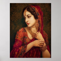 Indische Frau in Porträtmalerei in Red Saree