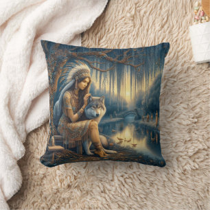 Indische Frau mit Wolf am ruhigen Fluss Kissen