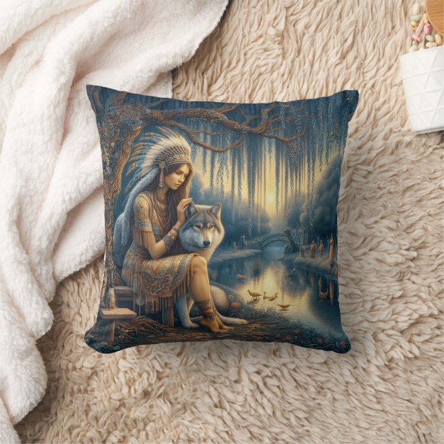 Indische Frau mit Wolf am ruhigen Fluss Kissen (Decke)