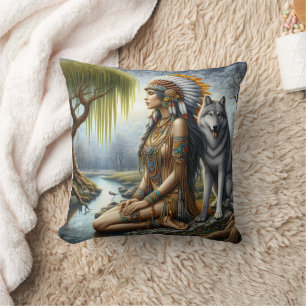 Indische Frau mit Wolf am ruhigen Fluss Kissen