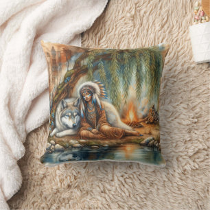 Indische Frau mit Wolf aus ruhigem Wasser Kissen