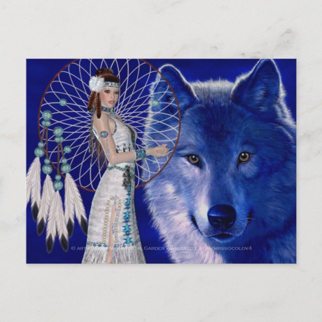 Indische Frau und Blue Wolf Design 2 Postkarte (Vorderseite)