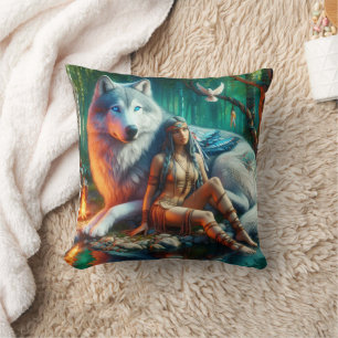 Indische Frau und Wolf mit ruhiger Wasserversorgun Kissen