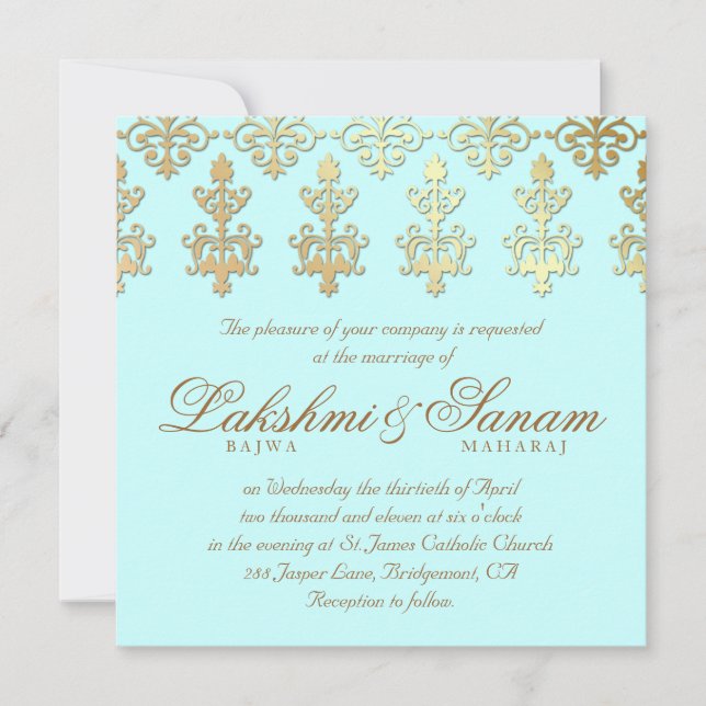Indische Hochzeit Einladung Damask Gold Baby Blue (Vorderseite)