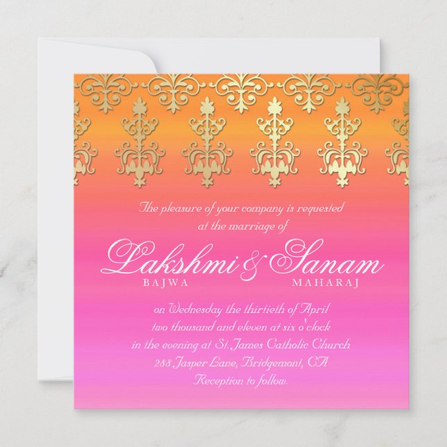 Indische Hochzeit Einladung Damask Gold Rosa Orang (Vorderseite)