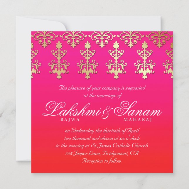 Indische Hochzeit Einladung Damask Gold Rosa Rot W (Vorderseite)