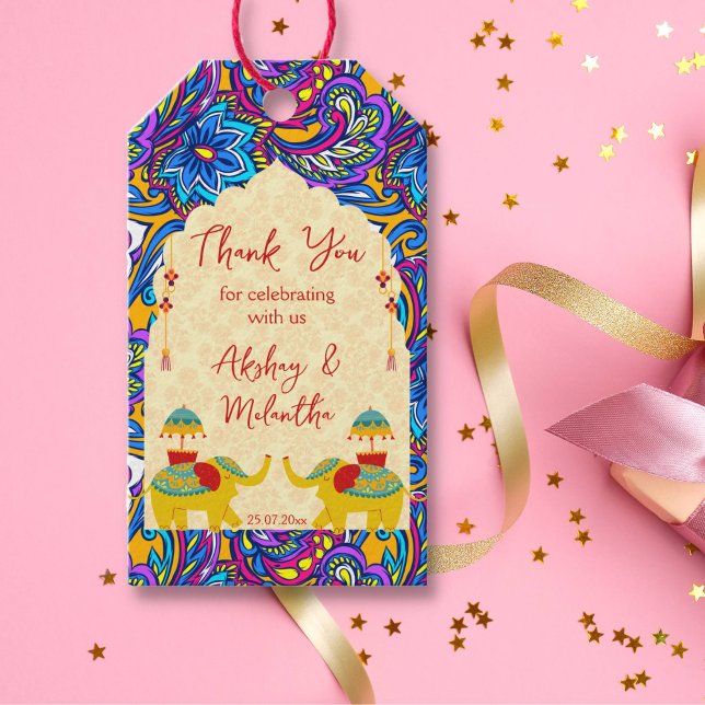 Indische Hochzeit Elefanten blau gelb danke Geschenkanhänger (Indian wedding favor gift tags cute jolly Indian wedding elephants custom favor gift tags)