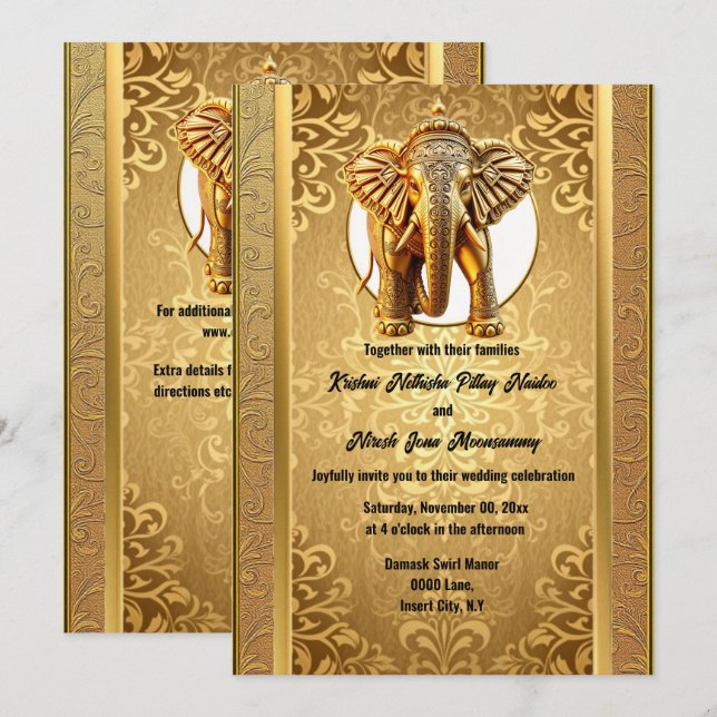 Indische Hochzeit Gold schwarze Elefanten Damaske Einladung (Vorne/Hinten)