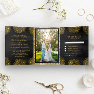 Indische Hochzeit in Schwarz und Gold Dreifach Gefaltete Einladung