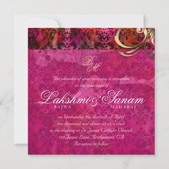 Indische Hochzeit laden das rosarote Damast-Gold Einladung (Vorderseite)
