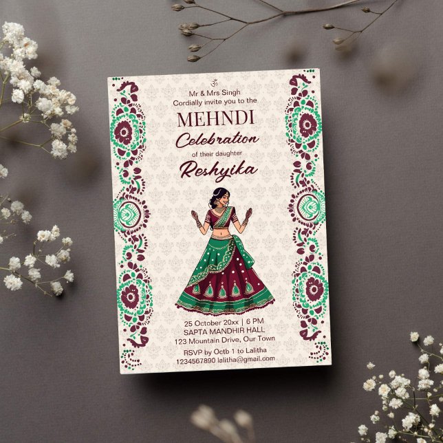 Indische Hochzeit niedliche Braut bordeauxgrün Einladung (Mehndi Indian wedding template invitation instant download cute Indian bride henna party maroon)