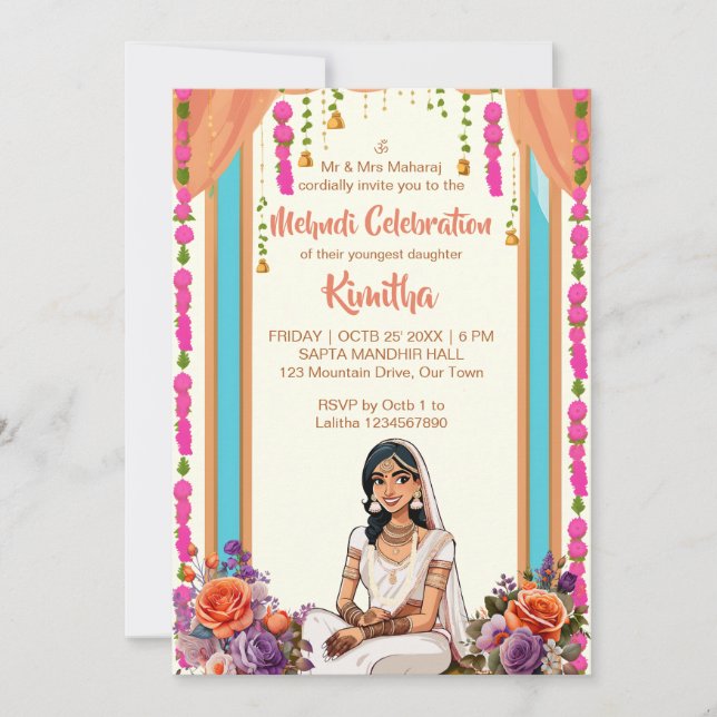 Indische Hochzeit niedlicher Braut in Rosa Einladung (Vorderseite)