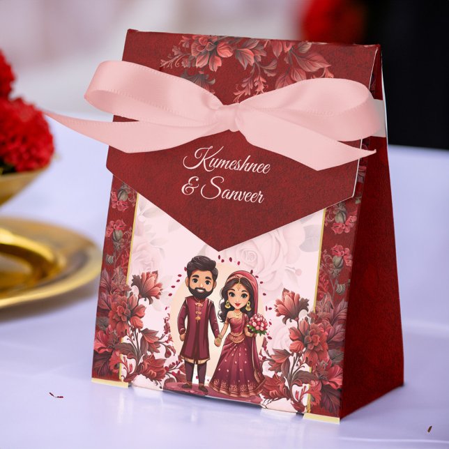 Indische Hochzeit niedliches Brautpaar gedruckt Geschenkschachtel (Maroon Indian wedding favors cute bridal couple caricature personalized printed Favor Boxes)