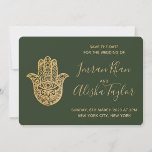 Indische Hochzeit Save the date Gold Hamsa Henna